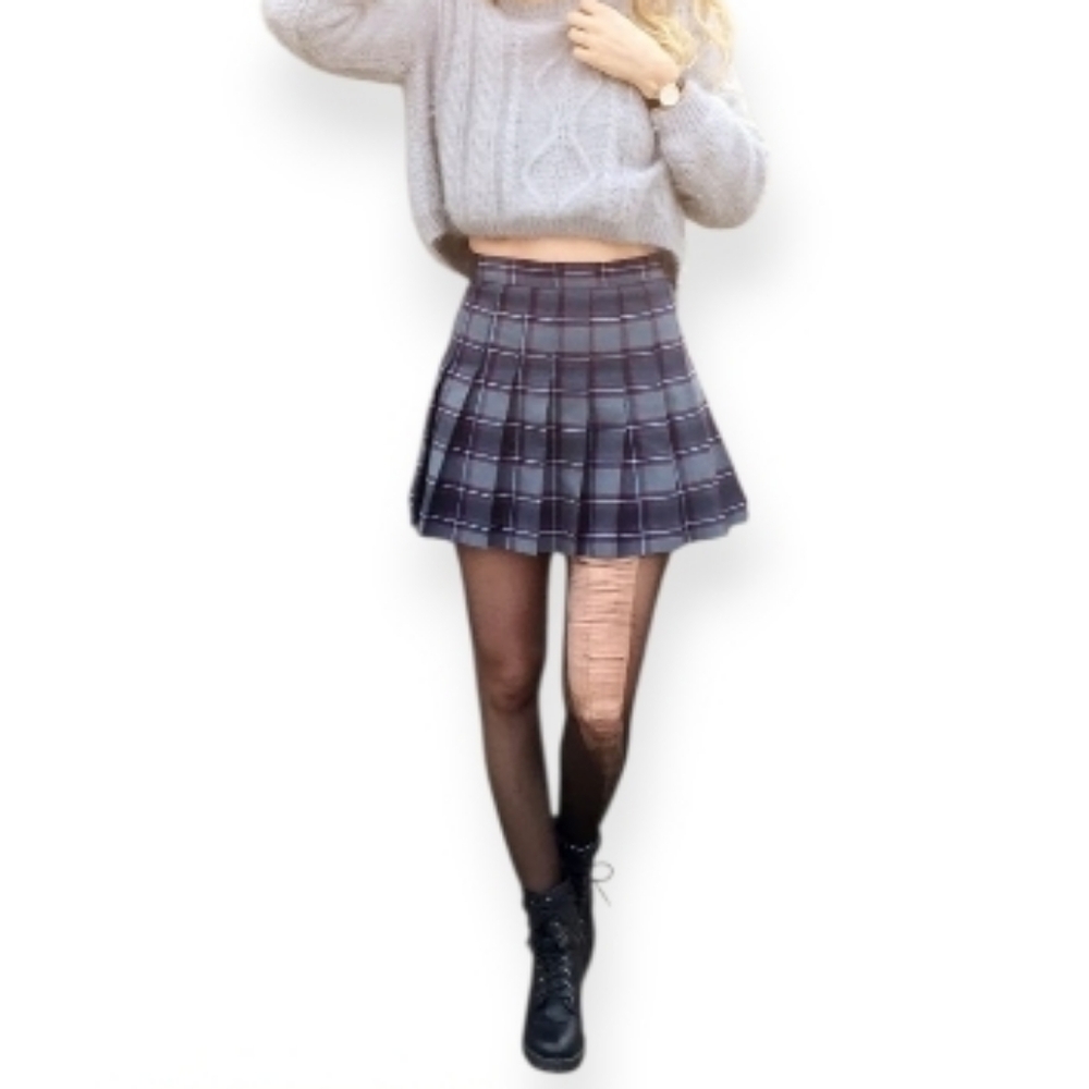 American Apparel Y2K Plaid Pleated Mini Skirt - Blue Grey Burgundy White